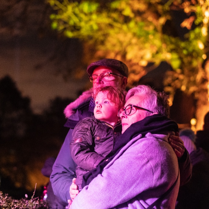 A couple with a small child observing a light display